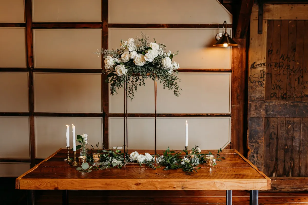 Something Blue — Heather Florals arrangement at Silver Run Chapel