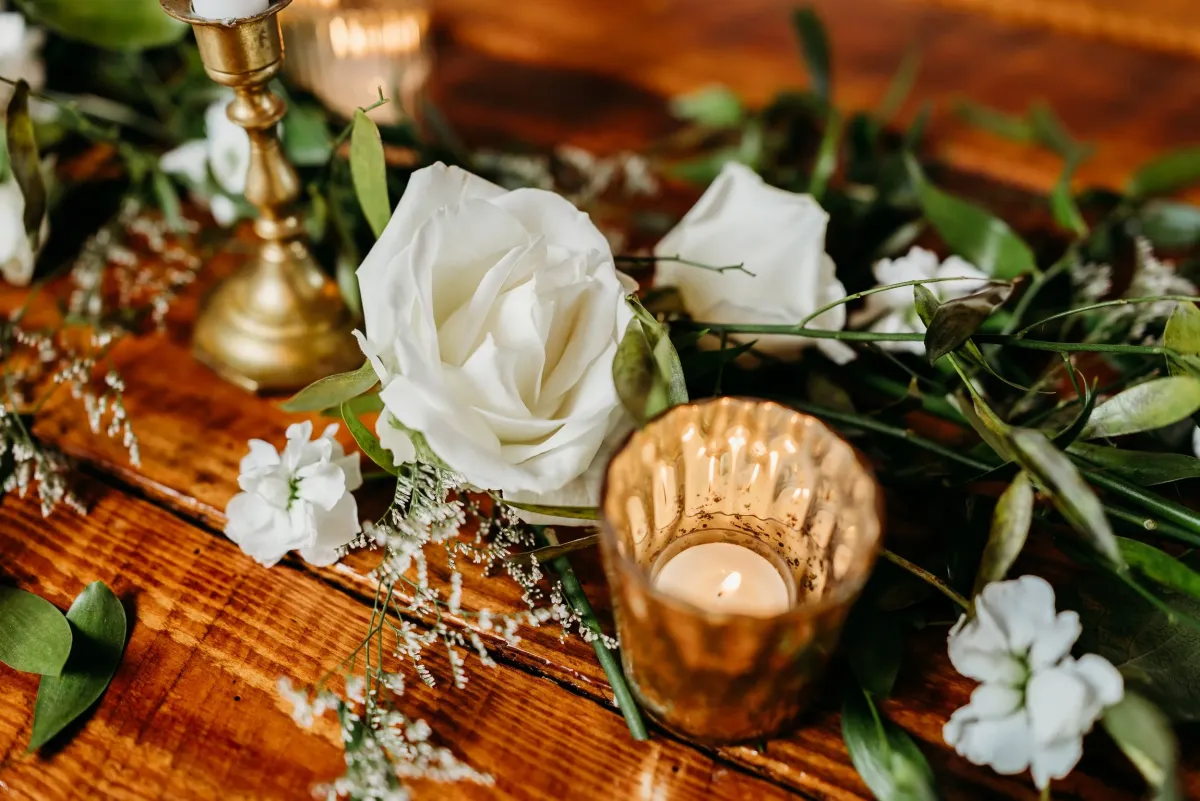 Something Blue — Heather Florals arrangement at Silver Run Chapel