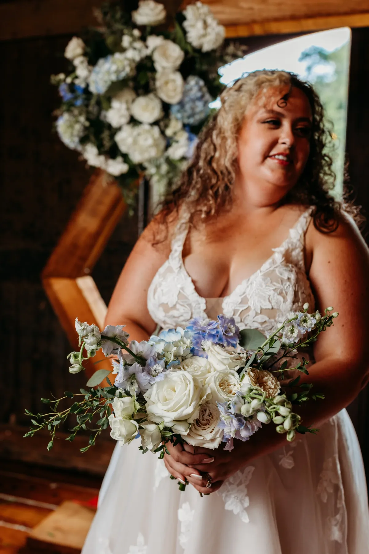 Something Blue — Heather Florals arrangement at Silver Run Chapel