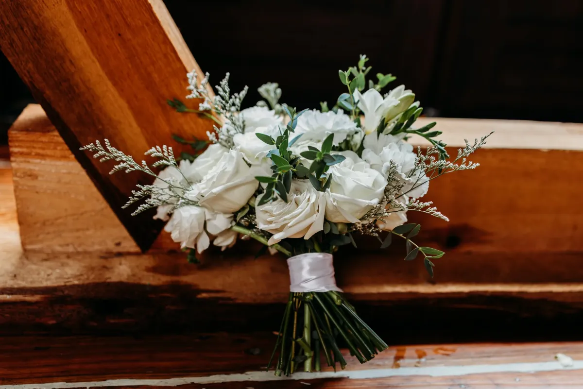 Timeless White — Heather Florals arrangement at Silver Run Chapel