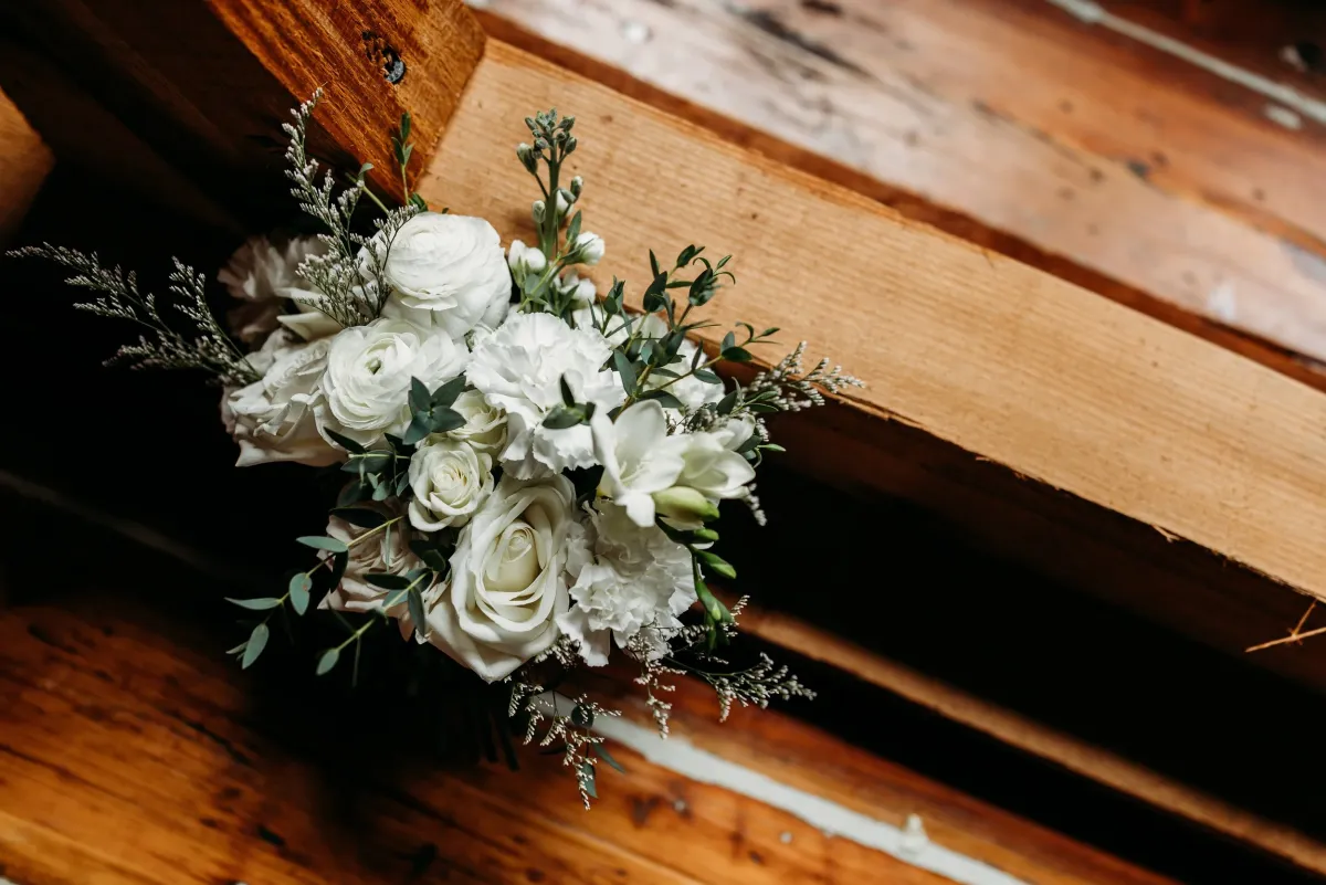 Timeless White — Heather Florals arrangement at Silver Run Chapel